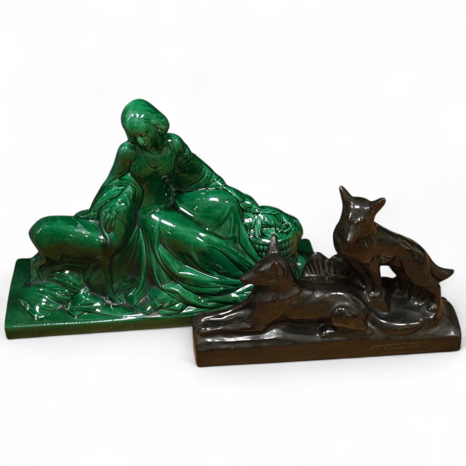 Two Art Deco ceramic groups, to include two dogs, largest 54cm wide. Condition - good